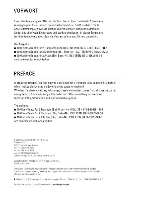 100 leichte Duette für 2 Trompeten | -