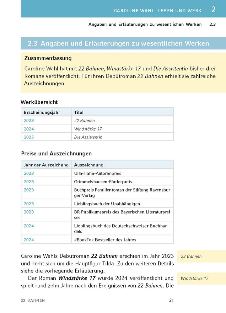 22 Bahnen von Caroline Wahl - Textanalyse und Interpretation | Wahl, Caroline